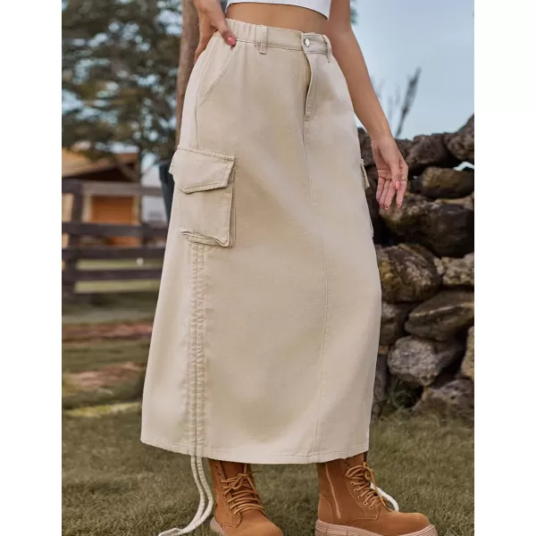 IDEALSANXUN Long Denim Cargo Skirts for Women Fashion 2023 Elastic High Waisted Slit Maxi Jean SkirtKhaki