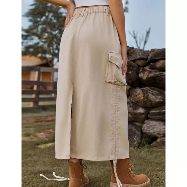 IDEALSANXUN Long Denim Cargo Skirts for Women Fashion 2023 Elastic High Waisted Slit Maxi Jean SkirtKhaki