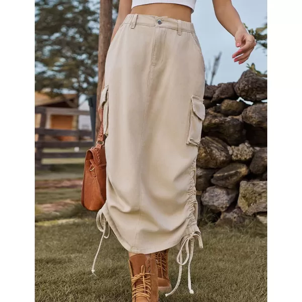 IDEALSANXUN Long Denim Cargo Skirts for Women Fashion 2023 Elastic High Waisted Slit Maxi Jean SkirtKhaki