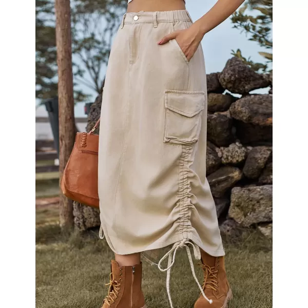 IDEALSANXUN Long Denim Cargo Skirts for Women Fashion 2023 Elastic High Waisted Slit Maxi Jean SkirtKhaki