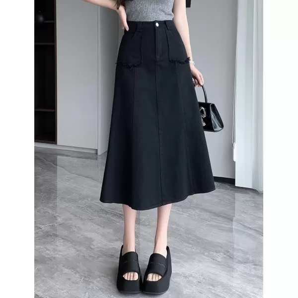 IDEALSANXUN Long Denim Skirt for Women Fall Winter High Waisted A Line Flowy Jean Midi SkirtBlack