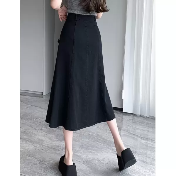 IDEALSANXUN Long Denim Skirt for Women Fall Winter High Waisted A Line Flowy Jean Midi SkirtBlack