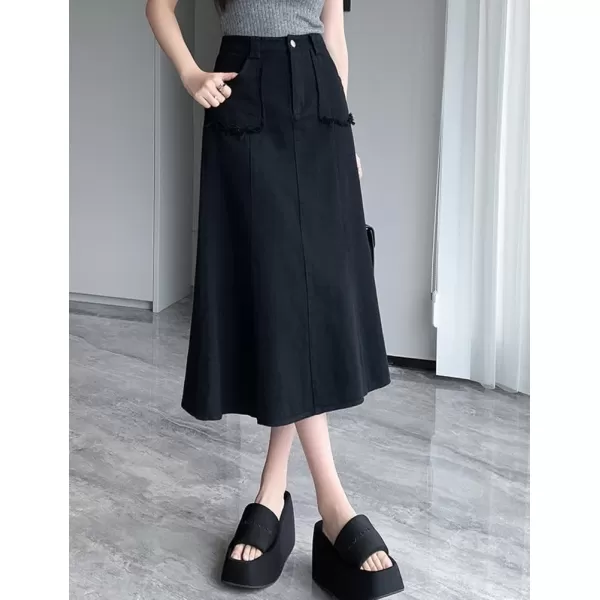 IDEALSANXUN Long Denim Skirt for Women Fall Winter High Waisted A Line Flowy Jean Midi SkirtBlack