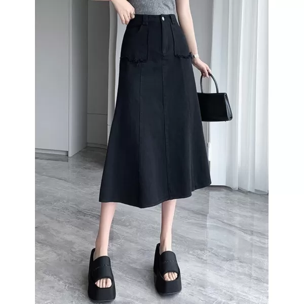 IDEALSANXUN Long Denim Skirt for Women Fall Winter High Waisted A Line Flowy Jean Midi SkirtBlack