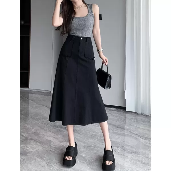 IDEALSANXUN Long Denim Skirt for Women Fall Winter High Waisted A Line Flowy Jean Midi SkirtBlack