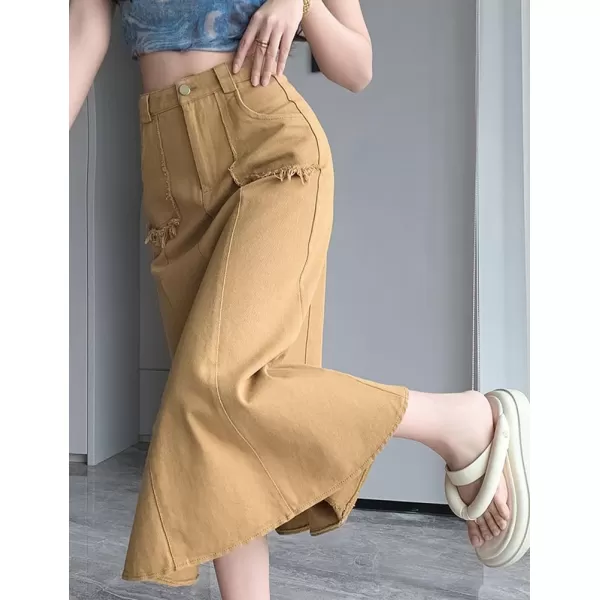 IDEALSANXUN Long Denim Skirt for Women Fall Winter High Waisted A Line Flowy Jean Midi SkirtKhaki