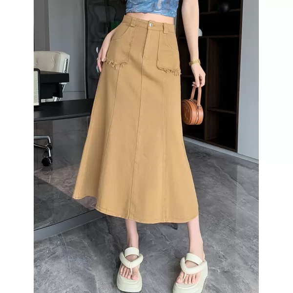 IDEALSANXUN Long Denim Skirt for Women Fall Winter High Waisted A Line Flowy Jean Midi SkirtKhaki