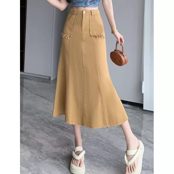IDEALSANXUN Long Denim Skirt for Women Fall Winter High Waisted A Line Flowy Jean Midi SkirtKhaki