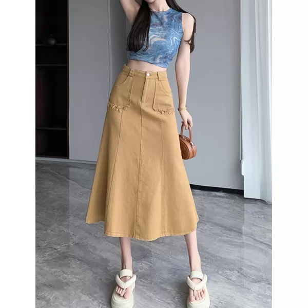 IDEALSANXUN Long Denim Skirt for Women Fall Winter High Waisted A Line Flowy Jean Midi SkirtKhaki