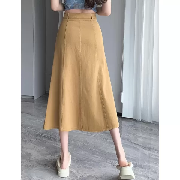 IDEALSANXUN Long Denim Skirt for Women Fall Winter High Waisted A Line Flowy Jean Midi SkirtKhaki