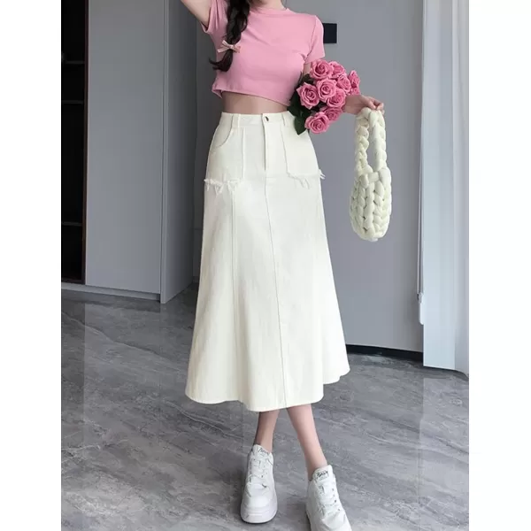 IDEALSANXUN Long Denim Skirt for Women Fall Winter High Waisted A Line Flowy Jean Midi SkirtWhite