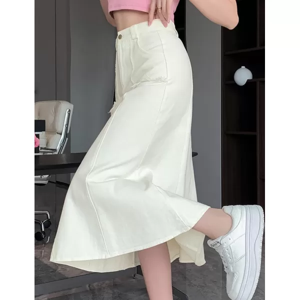 IDEALSANXUN Long Denim Skirt for Women Fall Winter High Waisted A Line Flowy Jean Midi SkirtWhite