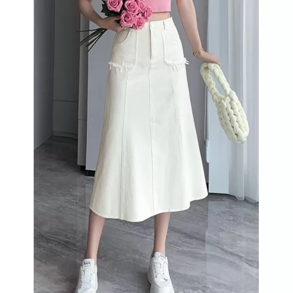 IDEALSANXUN Long Denim Skirt for Women Fall Winter High Waisted A Line Flowy Jean Midi SkirtWhite
