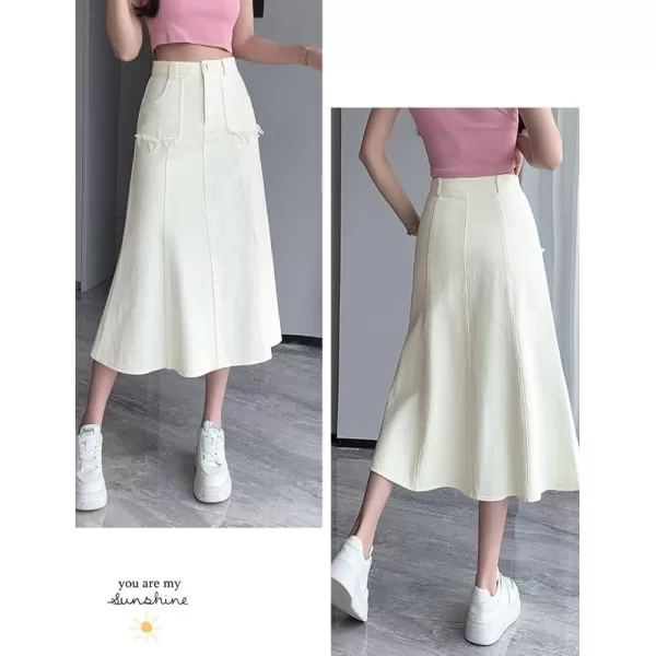 IDEALSANXUN Long Denim Skirt for Women Fall Winter High Waisted A Line Flowy Jean Midi SkirtWhite