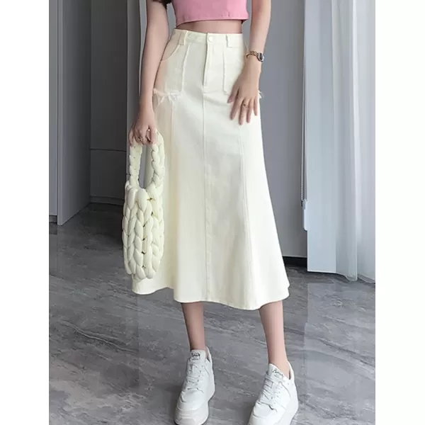 IDEALSANXUN Long Denim Skirt for Women Fall Winter High Waisted A Line Flowy Jean Midi SkirtWhite
