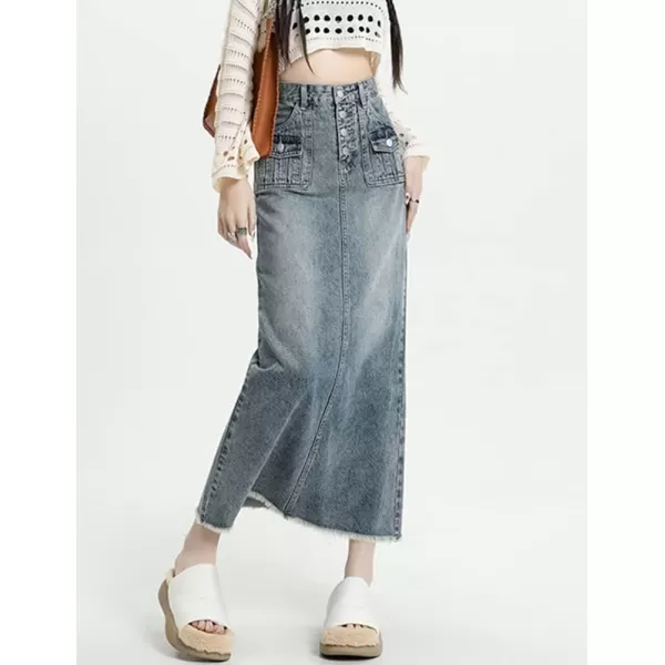 IDEALSANXUN Long Denim Skirts for Women High Waisted A Line Maxi Bodycon Pencil Jean SkirtBlue