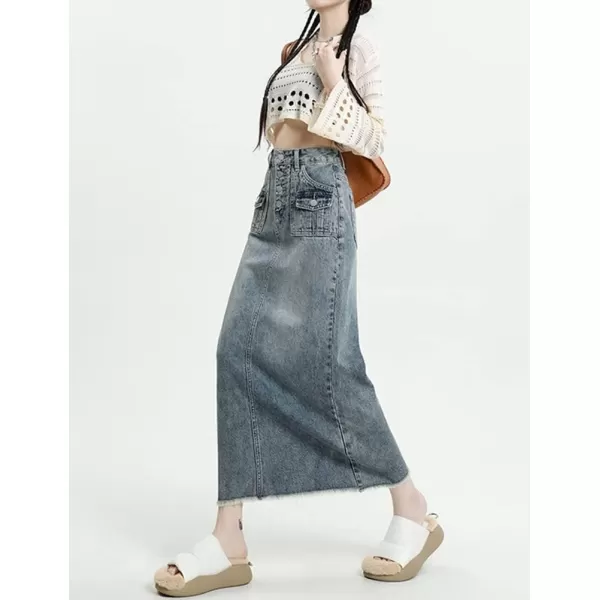 IDEALSANXUN Long Denim Skirts for Women High Waisted A Line Maxi Bodycon Pencil Jean SkirtBlue