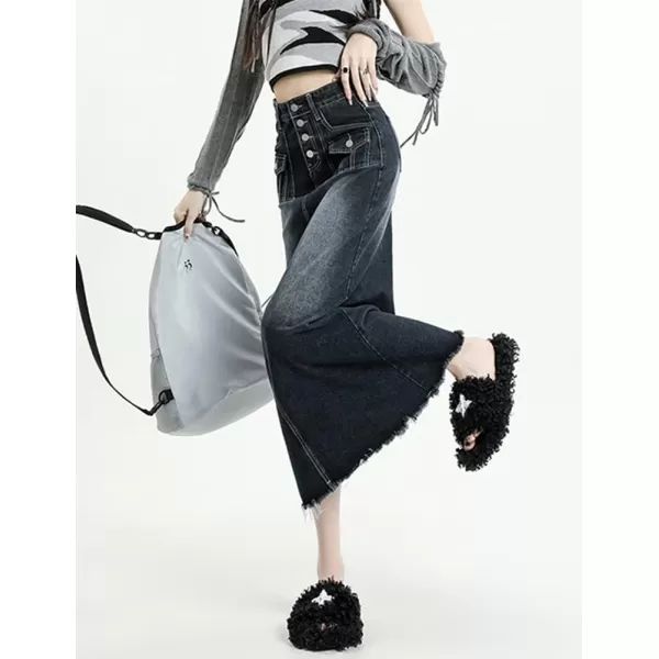 IDEALSANXUN Long Denim Skirts for Women High Waisted A Line Maxi Bodycon Pencil Jean SkirtDark Blue