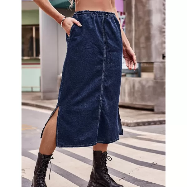 IDEALSANXUN Long Denim Skirts for Women Trendy 2023 Elastic High Waisted Drawstring Y2K Jean Skirts with SlitBlue