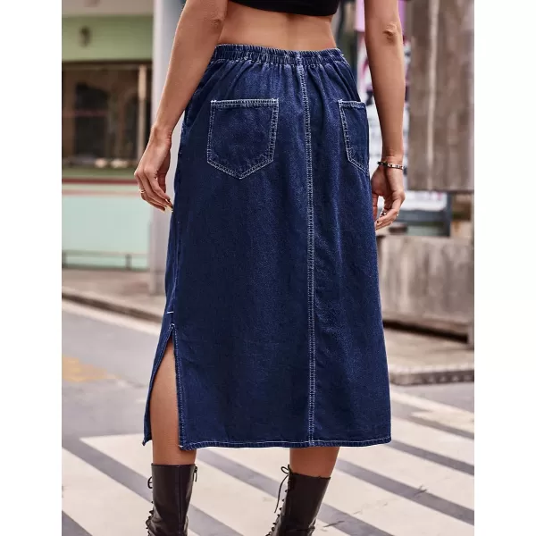IDEALSANXUN Long Denim Skirts for Women Trendy 2023 Elastic High Waisted Drawstring Y2K Jean Skirts with SlitBlue