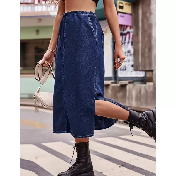 IDEALSANXUN Long Denim Skirts for Women Trendy 2023 Elastic High Waisted Drawstring Y2K Jean Skirts with SlitBlue