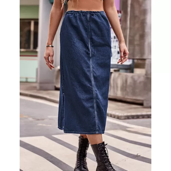 IDEALSANXUN Long Denim Skirts for Women Trendy 2023 Elastic High Waisted Drawstring Y2K Jean Skirts with SlitBlue