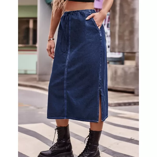 IDEALSANXUN Long Denim Skirts for Women Trendy 2023 Elastic High Waisted Drawstring Y2K Jean Skirts with SlitBlue