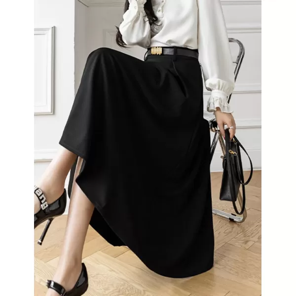 IDEALSANXUN Long Midi Skirt for Women High Waisted A Line Flowy Pleated Fall Winter Skirt with BeltBlack