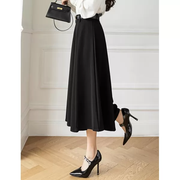IDEALSANXUN Long Midi Skirt for Women High Waisted A Line Flowy Pleated Fall Winter Skirt with BeltBlack