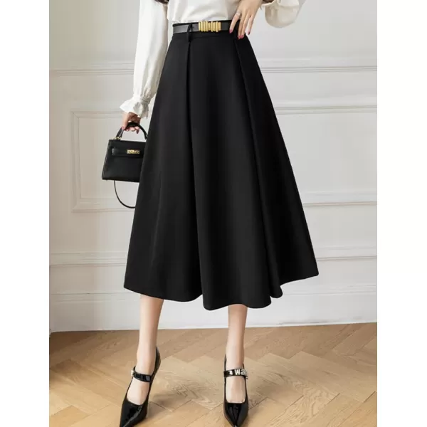 IDEALSANXUN Long Midi Skirt for Women High Waisted A Line Flowy Pleated Fall Winter Skirt with BeltBlack