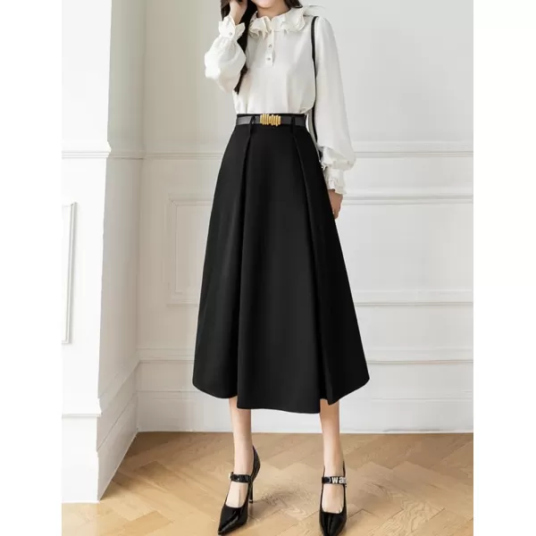 IDEALSANXUN Long Midi Skirt for Women High Waisted A Line Flowy Pleated Fall Winter Skirt with BeltBlack