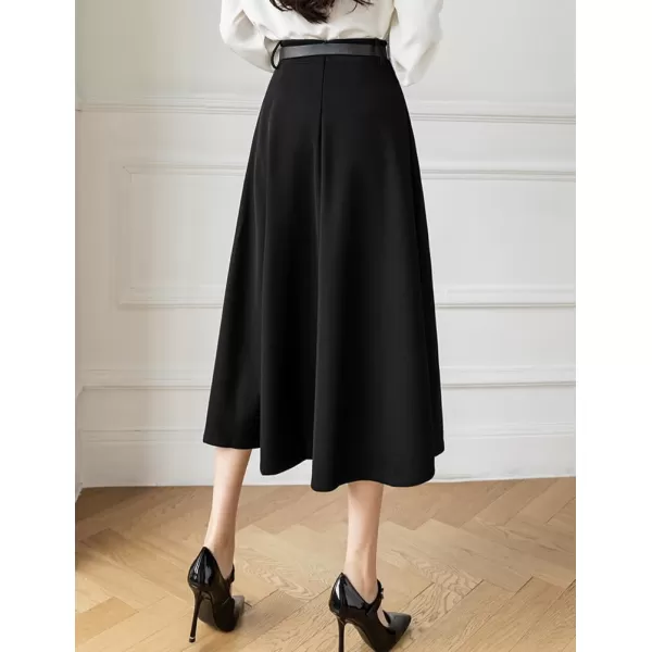 IDEALSANXUN Long Midi Skirt for Women High Waisted A Line Flowy Pleated Fall Winter Skirt with BeltBlack