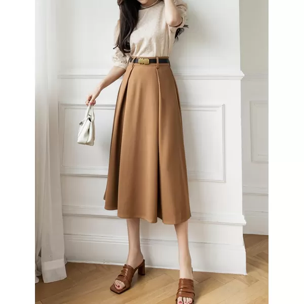 IDEALSANXUN Long Midi Skirt for Women High Waisted A Line Flowy Pleated Fall Winter Skirt with BeltKhaki