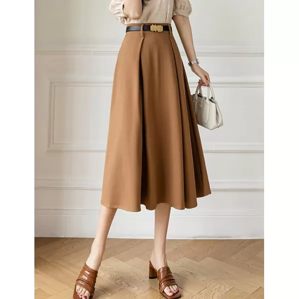 IDEALSANXUN Long Midi Skirt for Women High Waisted A Line Flowy Pleated Fall Winter Skirt with BeltKhaki