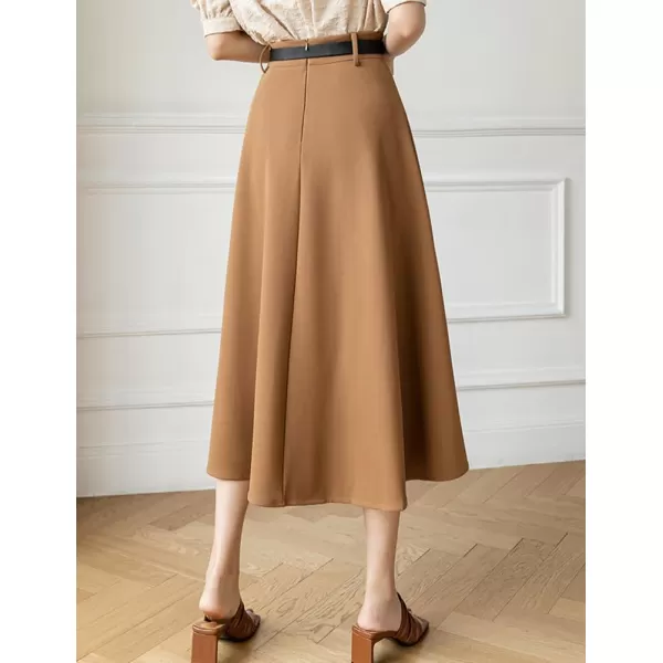 IDEALSANXUN Long Midi Skirt for Women High Waisted A Line Flowy Pleated Fall Winter Skirt with BeltKhaki
