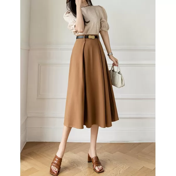 IDEALSANXUN Long Midi Skirt for Women High Waisted A Line Flowy Pleated Fall Winter Skirt with BeltKhaki