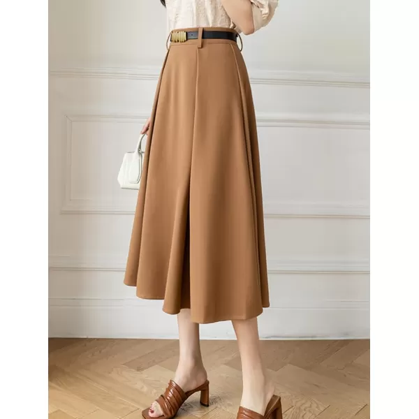 IDEALSANXUN Long Midi Skirt for Women High Waisted A Line Flowy Pleated Fall Winter Skirt with BeltKhaki