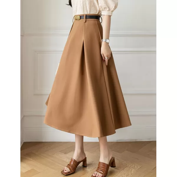 IDEALSANXUN Long Midi Skirt for Women High Waisted A Line Flowy Pleated Fall Winter Skirt with BeltKhaki