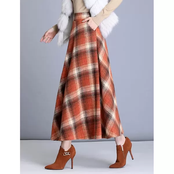 IDEALSANXUN Long Plaid Wool Skirts for Womens High Waist Aline Pleated Long Winter SkirtsOrange