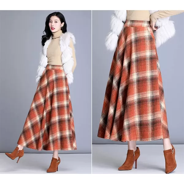 IDEALSANXUN Long Plaid Wool Skirts for Womens High Waist Aline Pleated Long Winter SkirtsOrange