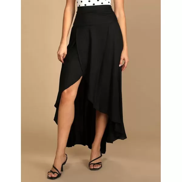 IDEALSANXUN Long Skirts for Women Trendy Summer High Waisted Slit Ruffle Beach Flowy Maxi SkirtBlack