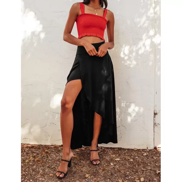 IDEALSANXUN Long Skirts for Women Trendy Summer High Waisted Slit Ruffle Beach Flowy Maxi SkirtBlack
