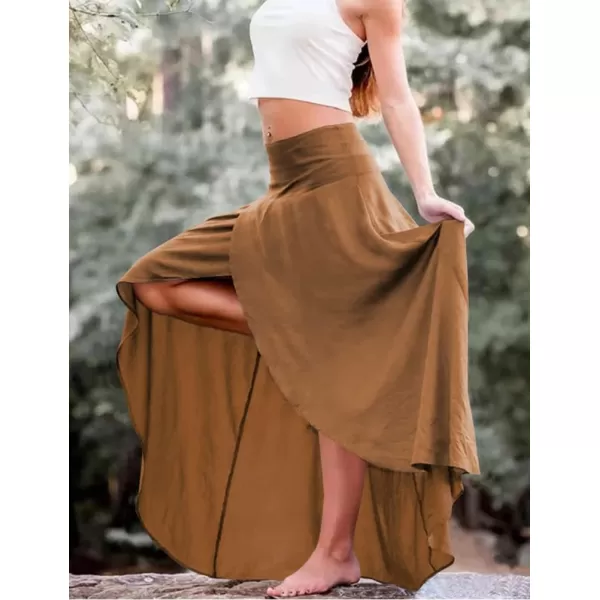 IDEALSANXUN Long Skirts for Women Trendy Summer High Waisted Slit Ruffle Beach Flowy Maxi SkirtBrown
