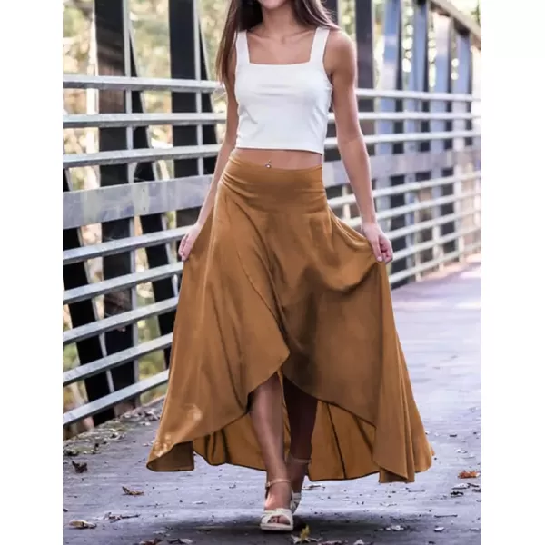 IDEALSANXUN Long Skirts for Women Trendy Summer High Waisted Slit Ruffle Beach Flowy Maxi SkirtBrown