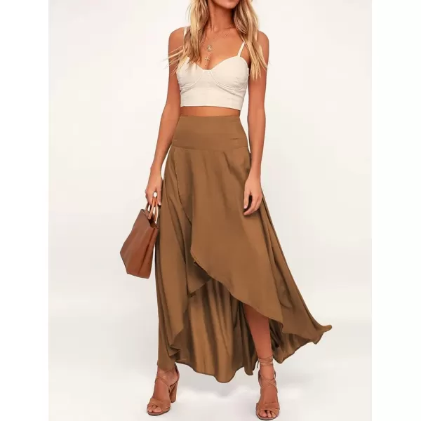 IDEALSANXUN Long Skirts for Women Trendy Summer High Waisted Slit Ruffle Beach Flowy Maxi SkirtBrown