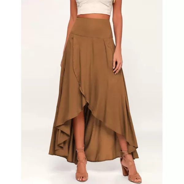 IDEALSANXUN Long Skirts for Women Trendy Summer High Waisted Slit Ruffle Beach Flowy Maxi SkirtBrown