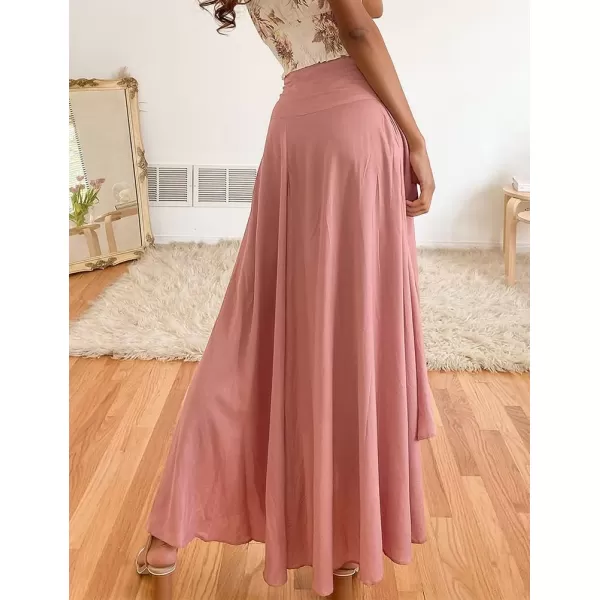 IDEALSANXUN Long Skirts for Women Trendy Summer High Waisted Slit Ruffle Beach Flowy Maxi SkirtPink