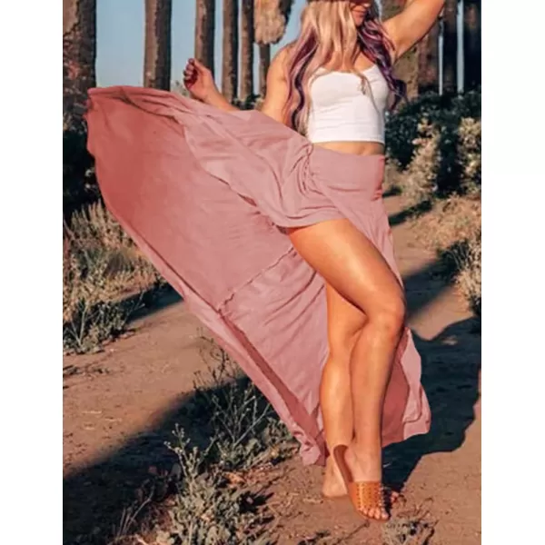 IDEALSANXUN Long Skirts for Women Trendy Summer High Waisted Slit Ruffle Beach Flowy Maxi SkirtPink