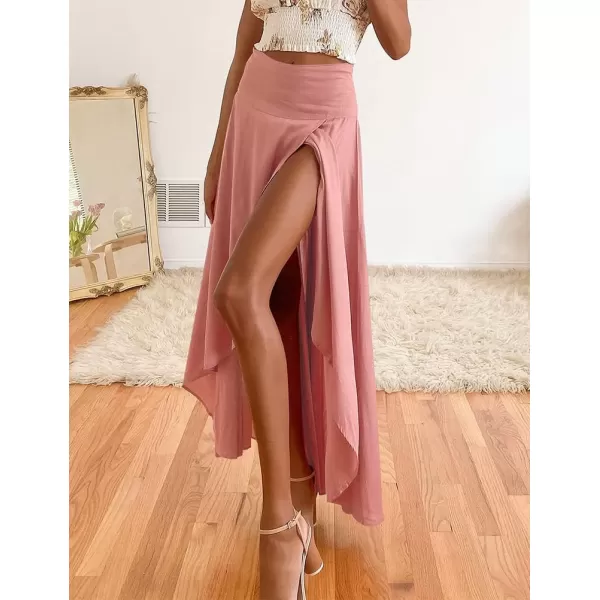 IDEALSANXUN Long Skirts for Women Trendy Summer High Waisted Slit Ruffle Beach Flowy Maxi SkirtPink