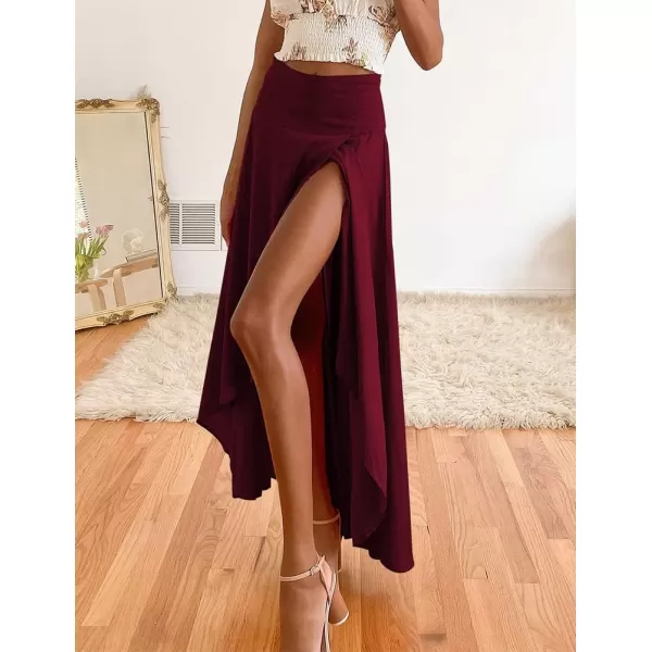 IDEALSANXUN Long Skirts for Women Trendy Summer High Waisted Slit Ruffle Beach Flowy Maxi SkirtWine